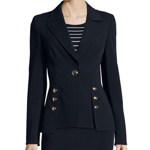 BRAND NEW WOMENS NAVY ESCADA BENINA ONE-BUTTON SCUBA PEPLUM JACKET SIZE 38 (US8) - Picture 1 of 7
